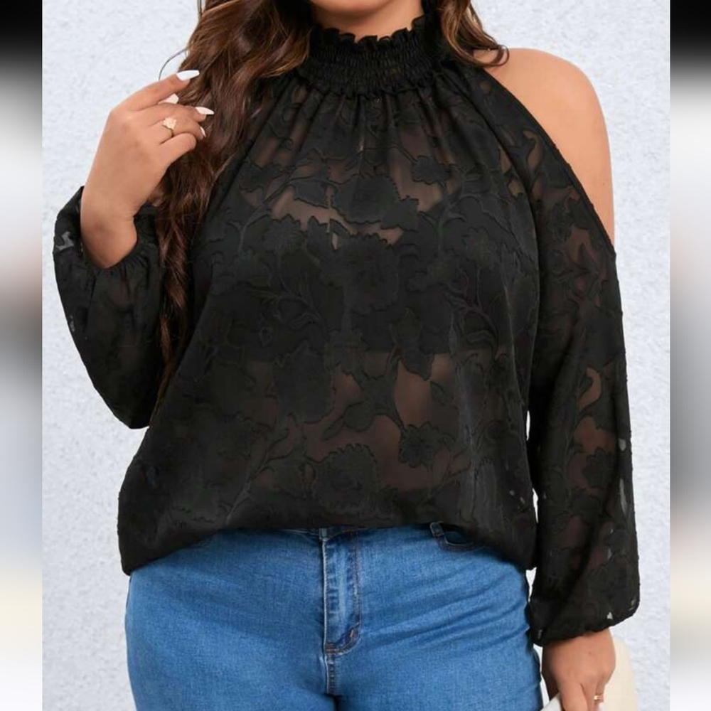 Shien Curve Elegant Black Floral Women's  Cols Shouldet Sheer Blouse 1X
